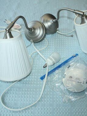2 IKEA ARSTID Wall Lamps Sconces Brushed Nickel Plated White Pleated Shades Bulb